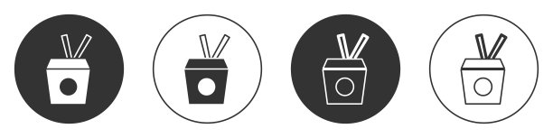 纸盒中的黑色亚洲面条和筷子图标孤立在白色背景上。街头快餐。韩国菜，日本菜，中国菜。圆按钮。向量图片下载