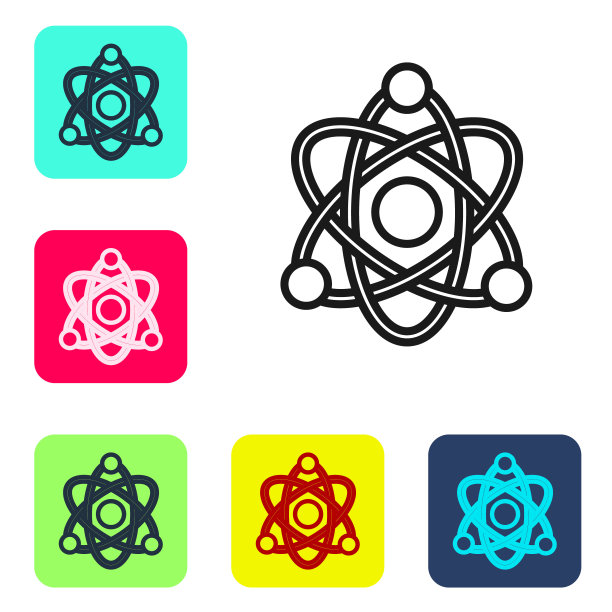 黑线原子图标孤立在白色背景上。象征科学、教育、核物理、科学研究。设置图标的颜色方形按钮。向量图片下载