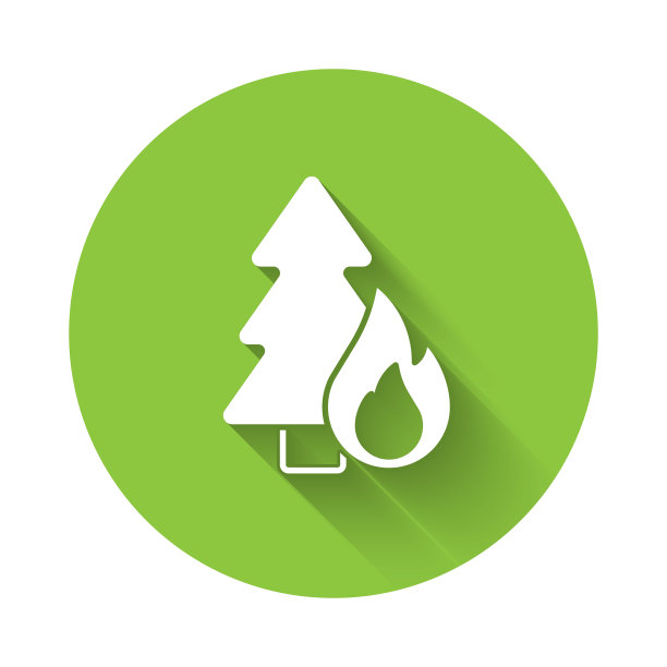 白色燃烧的森林树木在火火焰图标孤立与长影子。自然灾害的概念。绿色圆圈按钮。向量图片下载