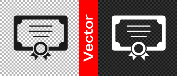 黑色证书模板图标隔离透明背景。成就，奖励，学位，授予，文凭的概念。向量图片下载