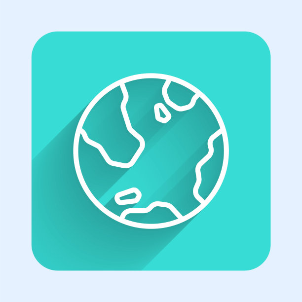 白色线地球地球仪图标孤立与长阴影。世界或土相星座。全球互联网的象征。几何形状。绿色广场按钮。向量图片下载