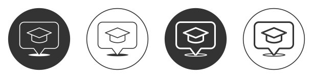 黑色毕业帽在语音气泡图标孤立在白色背景。带流苏图标的毕业帽。圆按钮。向量图片下载