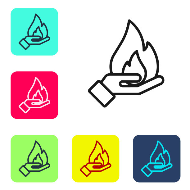 手持一个火图标，孤立在白色背景上。保险的概念。安全、安全、保护、保护理念。设置图标的颜色方形按钮。向量图片下载