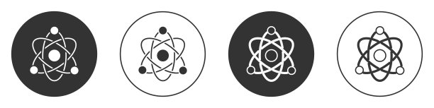 黑色原子图标孤立在白色背景。象征科学、教育、核物理、科学研究。圆按钮。向量图片下载