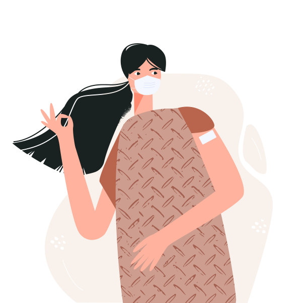 冷静女人接种疫苗后概念卡通平面矢量插图。是时候接种免疫健康了。极简的现代模板孤立在白色背景的网页设计，海报，卡片图片下载