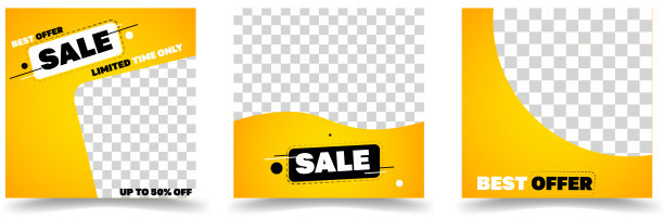 可编辑的最小正方形横幅模板集。黑色和黄色背景颜色与条纹线形状。适合社交媒体发布和网络互联网广告。矢量插图与照片学院图片下载