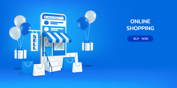 智能手机社交媒体应用在线购物，3d移动聊天信息，礼品盒和蓝色背景的气球交付图片下载