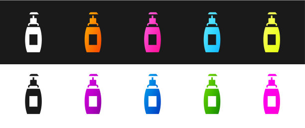 设置瓶液体抗菌肥皂与分配器图标隔离在黑色和白色背景。防腐剂。消毒、卫生、护肤。向量图片下载