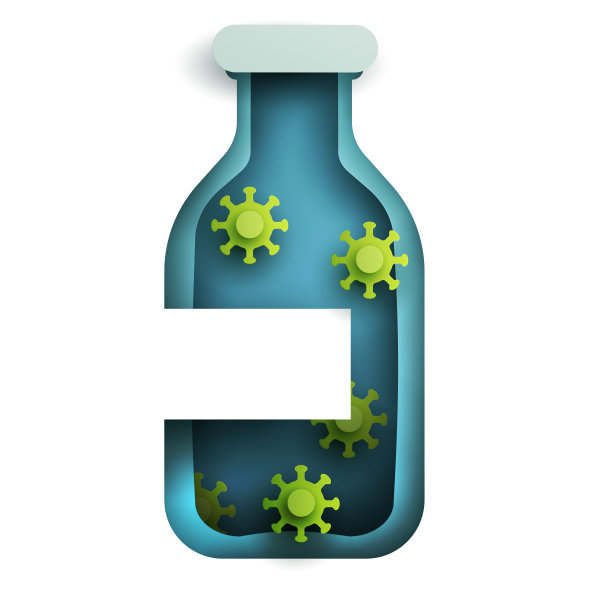 蓝色瓶子里装着绿色的细菌、分子或病毒。现代剪纸风格孤立在白色背景。手工折纸设计元素。极简多彩的几何概念。矢量插图。图片下载