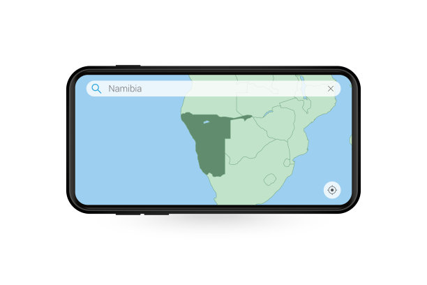 在智能手机地图应用中搜索纳米比亚地图。手机里的纳米比亚地图。图片下载