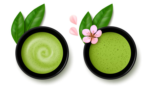 抹茶绿茶和拿铁，叶子和樱花孤立在白色的背景图片下载