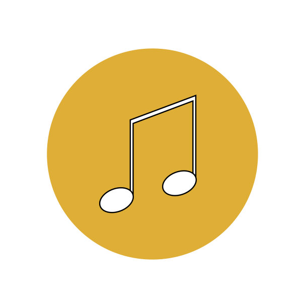 黄色圆圈里的一个音符的白色图标。小说电影，戏剧，磁带，播放器。电视娱乐类。图片下载