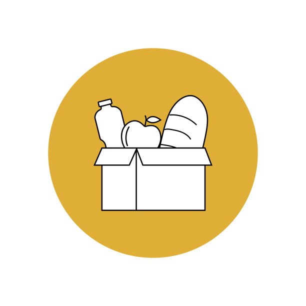 产品图标中的黄色圆圈。食物捐赠。慈善收集食物。盒子里装着食物、爱心。应用程序界面中的用户按钮。人道主义的志愿者活动。图片下载