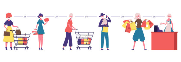 超市。社交距离人们排队，安全距离在杂货店。男人和女人保持社会距离矢量图图片下载