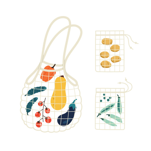 在米色的背景上，有三个网格生态袋的矢量插图。图片下载