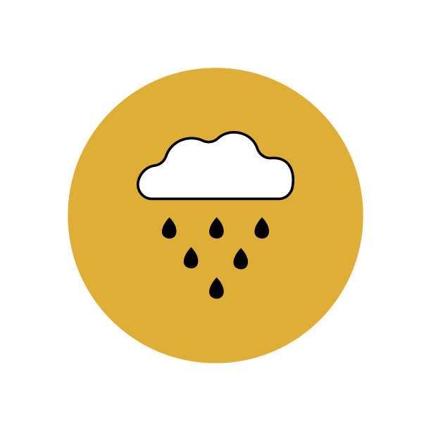 云，雨的图标在黄色的圆圈里。天气预报多云有雨。气象软件。实时天气数据。智能手机用户界面按钮。图片下载