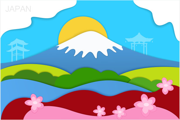 日本的风景海报。山景、天空和太阳。剪纸的背景。图片下载