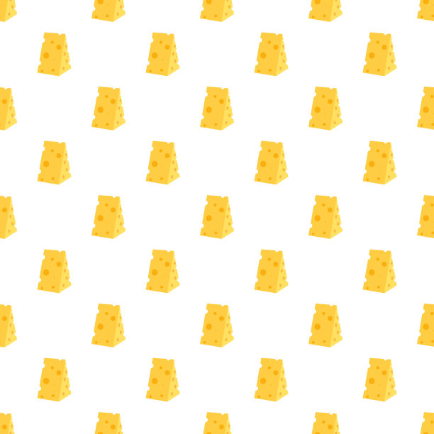 奶酪无缝模式。一块块黄色的奶酪，孤立在白色的背景上。各种形状的奶酪片。矢量平面插图图片下载