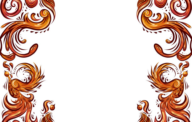 水平卡片与鸟图案卷曲的尾巴，翅膀和文字的地方。鲜橙色的对称装饰。复古的卷曲动物装饰品。向量模板图片下载