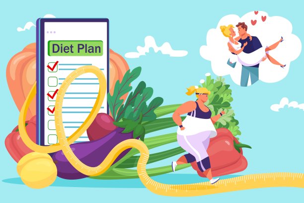 超重女性人物跑步梦想爱情，有机健康蔬菜饮食计划，健康运动锻炼平面矢量插画。图片下载