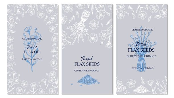 手工绘制的亚麻垂直设计。矢量插图在草图风格为亚麻种子和油包装图片下载