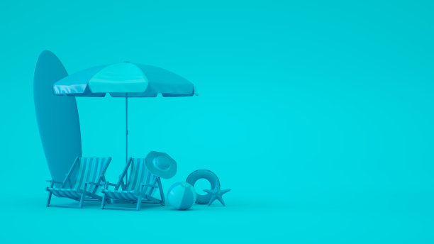 最小的夏季假期背景，海滩伞和椅子图片下载