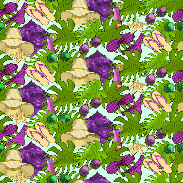 夏日海滩无缝图案手绘图片下载