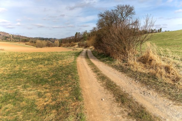 小土路穿过绿色的田野，春天的风景在捷克共和国-欧盟。乡间小路穿过田野，绿油油，蓝天白云图片下载