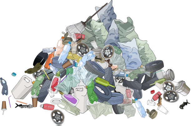 垃圾堆垃圾袋和耙概念图片下载