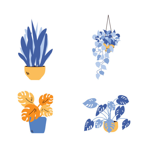 盆栽在黄色和蓝色色调卡通图片下载