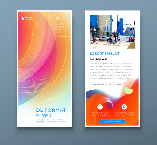 三折宣传册设计用圆形，企业业务模板为三折宣传单。布局与现代照片和抽象的圆形背景。创意折叠传单或宣传册。图片下载