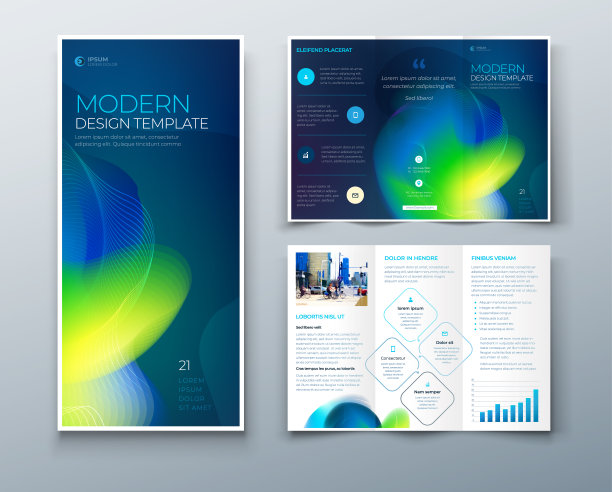 三折宣传册设计与液体抽象元素。公司业务模板三倍传单。布局与现代抽象背景。创意折叠传单或宣传册。图片下载