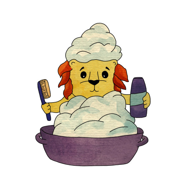 一只狮子坐在盆里，爪子上拿着梳子和洗发水图片下载