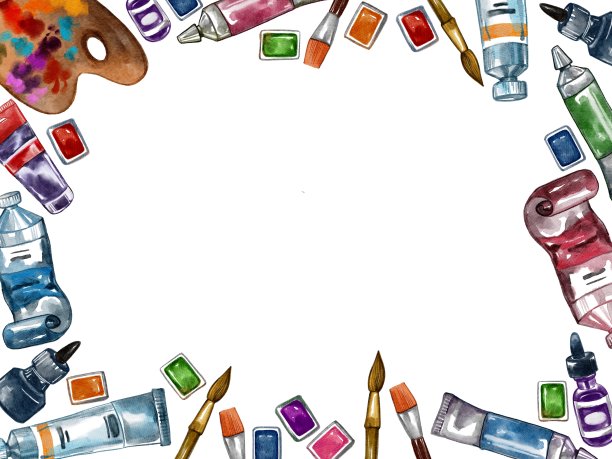 手绘水彩水平画框与复制空间平面lay艺术材料。油墨、刷子、调色板。用于商店，市场，艺术，海报，邀请，框架，横幅，背景，目录，印刷图片下载