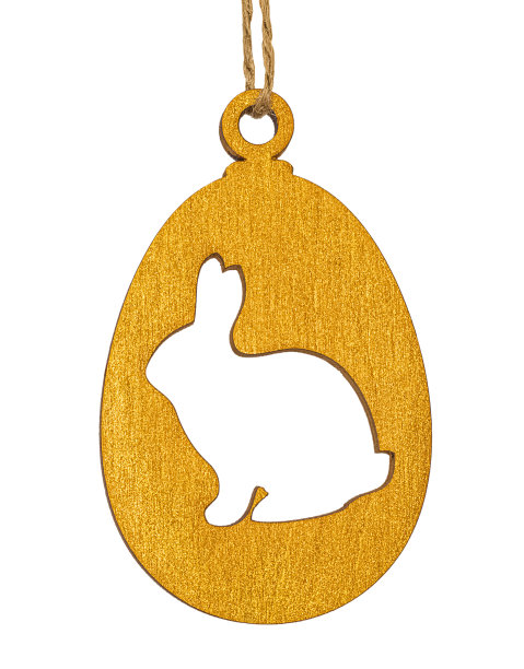 木制的金光闪闪的复活节彩蛋吊坠与兔孤立在白色图片下载