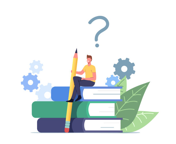 小小的男性人物拿着巨大的铅笔坐在上面图片下载