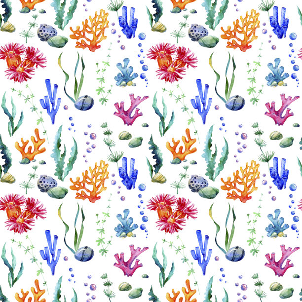 无缝的水彩模式。海洋中不同的海洋植物。图片下载