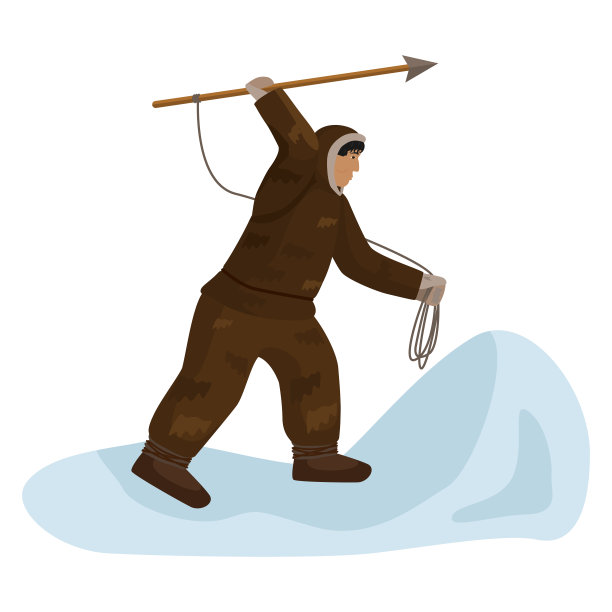 传统因纽特人狩猎孤立在白色背景上。人类用矛捕猎动物。图片下载