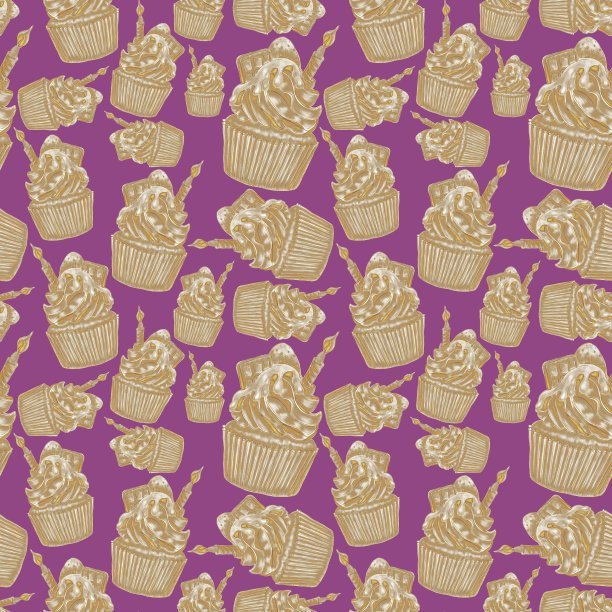 紫色背景上奢华的糖果图案，金色纸杯蛋糕，蜡烛和草莓图片下载