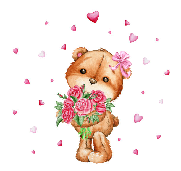 可爱的小熊，头上戴着粉红色的蝴蝶结，手里拿着一束红玫瑰。水彩插图，卡通风格，在一个孤立的背景，为儿童的聚会。图片下载