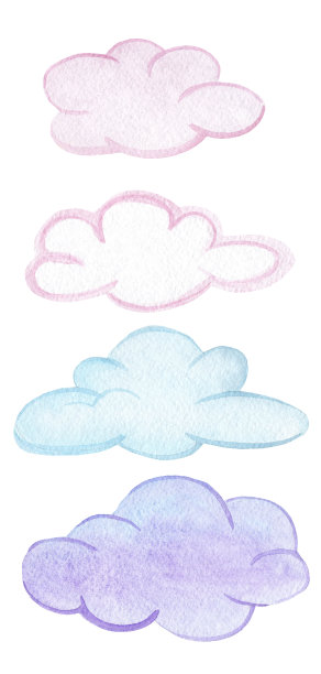 水彩蓝色和粉红色的云设置在白色的背景。手绘天空元素图片下载