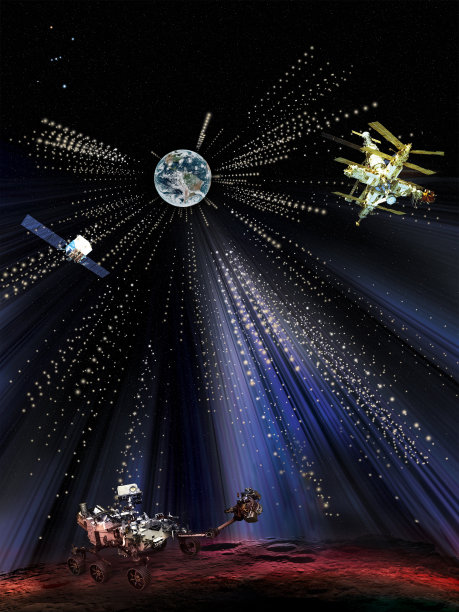 太空探索的概念。地球和宇宙飞船在远处，而月球车在月球表面星光闪耀。图片下载