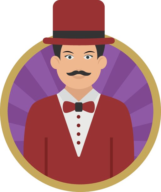 魔术师或艺人概念，魔术师矢量圆形图标设计，专业制服符号白色背景，劳动节人股票插图，字符职业标志图片下载