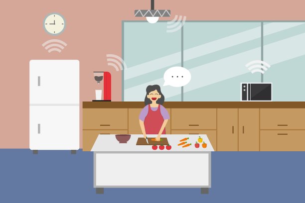 智能厨房里的女人二维平面矢量图片下载
