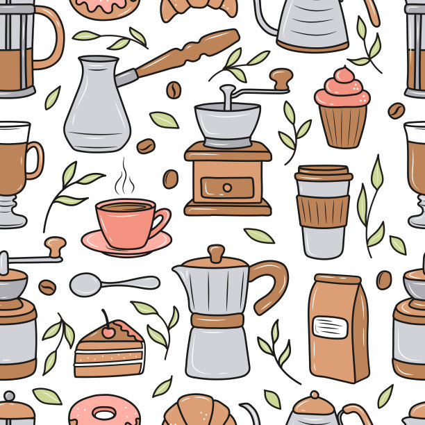 咖啡图案与各种咖啡机和甜点在一个白色的背景。涂鸦素描风格。矢量插图咖啡店，咖啡馆。可爱的卡通图片。图片下载