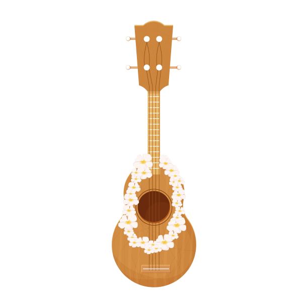卡通风格的民谣木声学尤克里里，热带花卉孤立在白色背景上。夏威夷传统乐器，细节和纹理的对象。股票矢量插图。图片下载