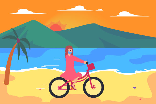 在海滩上骑自行车的女人图片下载