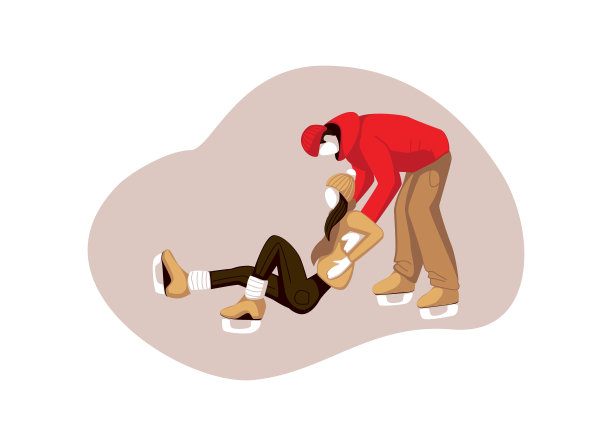 年轻的男人和女人在冰场滑冰。男子帮助女孩站在室外的冰场上。图片下载