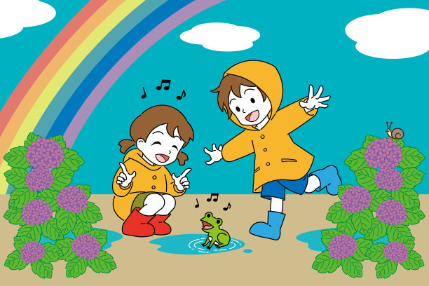 男孩和女孩穿着雨衣，玩着青蛙。图片下载