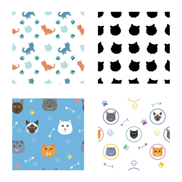 可爱的猫品种无缝图案卡通动物插图不同类型的背景或墙纸图片下载